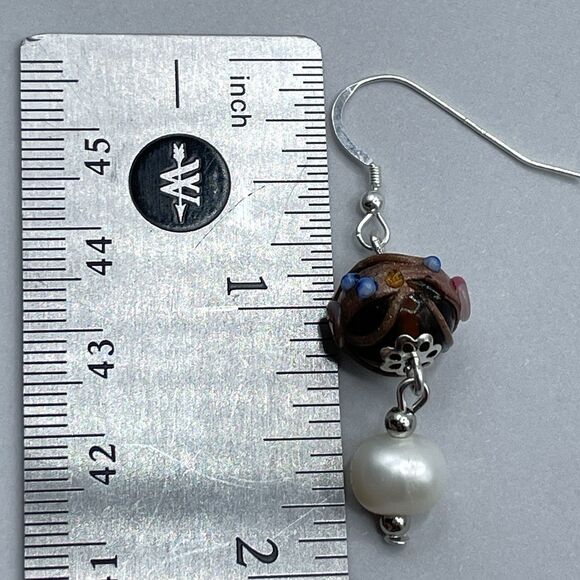 Artisan 925 Sterling Silver Freshwater Pearl Murano Wedding Cake Dangle Earrings - Picture 6 of 7